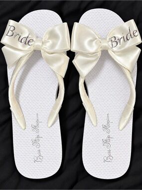 Ivory Satin Bride Flip Flops with Bow - Bridal Sandals